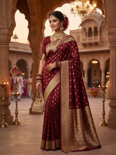 Maroon Banarasi Silk Saree with Golden Zari Butti Work, Traditional Woven Border & Rich Pallu for Women