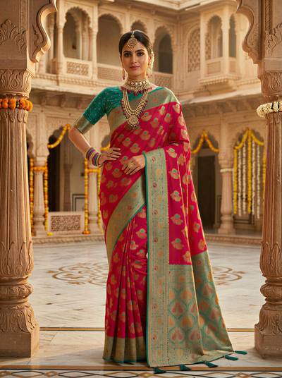 Rani Pink Art Silk Banarasi Saree with Teal Green Contrast Border & Blouse Piece