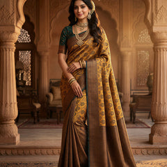 Antique Golden & Bottle Green Jacquard Woven Saree with Rich Copper Zari Border & Pallu