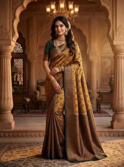 Antique Golden & Bottle Green Jacquard Woven Saree with Rich Copper Zari Border & Pallu