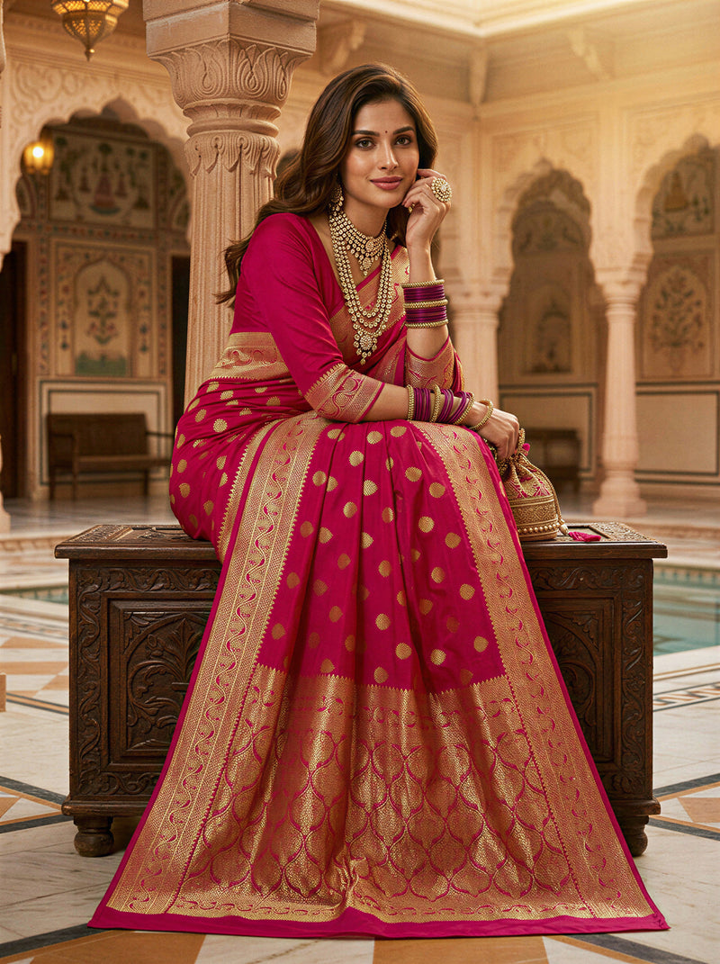 Rani Pink Banarasi Silk Saree with Golden Zari Butti Work, Broad Woven Border & Rich Designer Pallu for Women