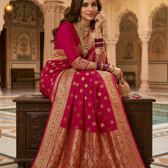 Rani Pink Banarasi Silk Saree with Golden Zari Butti Work, Broad Woven Border & Rich Designer Pallu for Women