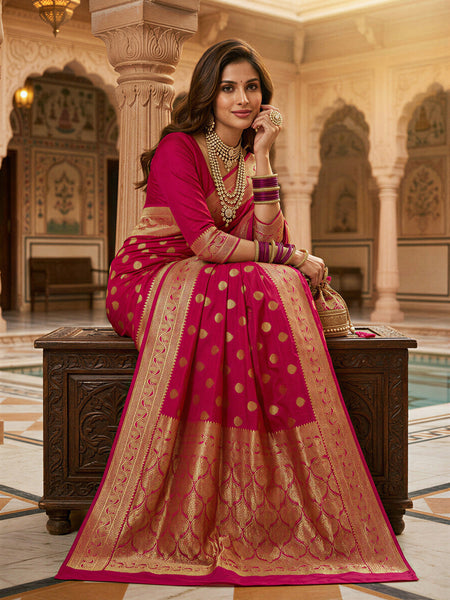 Rani Pink Banarasi Silk Saree with Golden Zari Butti Work, Broad Woven Border & Rich Designer Pallu for Women