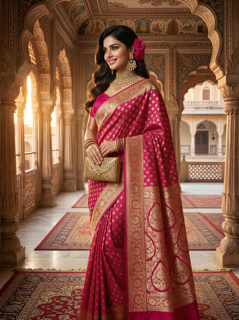 Rani Pink Banarasi Silk Saree with Golden Zari Butti Work, Rich Woven Border & Designer Pallu for Women