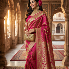 Rani Pink Banarasi Silk Saree with Golden Zari Butti Work, Rich Woven Border & Designer Pallu for Women