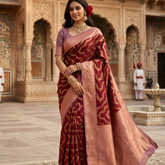Maroon Red Art Silk Banarasi Saree with Dusty Lavender-Pink Contrast Pallu & Blouse Piece