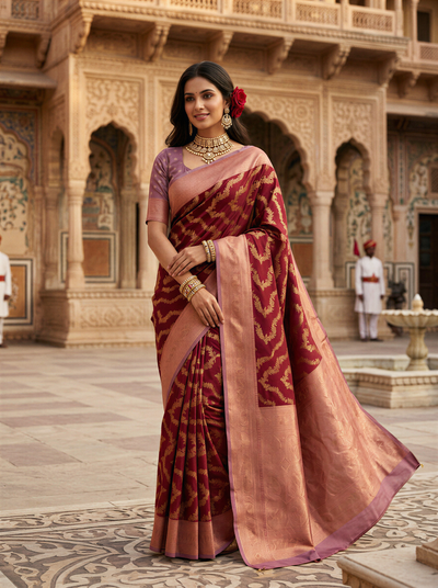 Maroon Red Art Silk Banarasi Saree with Dusty Lavender-Pink Contrast Pallu & Blouse Piece