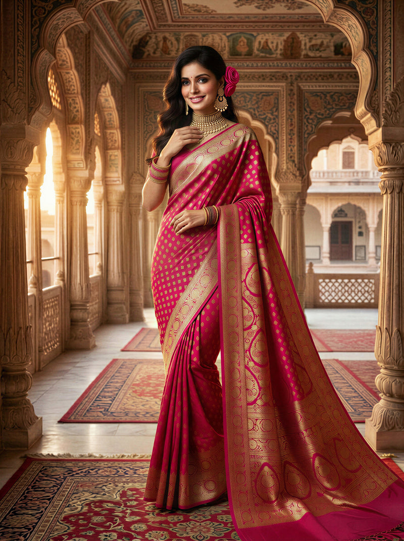 Rani Pink Banarasi Silk Saree with Golden Zari Butti Work, Rich Woven Border & Designer Pallu for Women