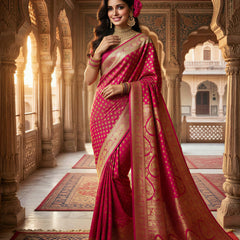 Rani Pink Banarasi Silk Saree with Golden Zari Butti Work, Rich Woven Border & Designer Pallu for Women