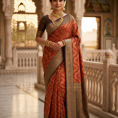 Rust Orange Art Silk Banarasi Saree with Deep Brown Contrast Border & Blouse Piece
