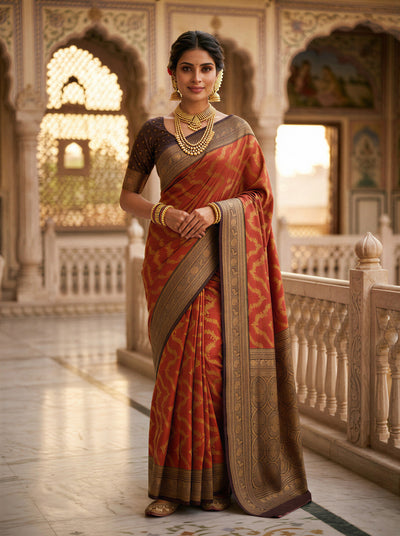 Rust Orange Art Silk Banarasi Saree with Deep Brown Contrast Border & Blouse Piece