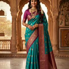 Peacock Blue & Royal Purple Motifs Banarasi Silk Saree