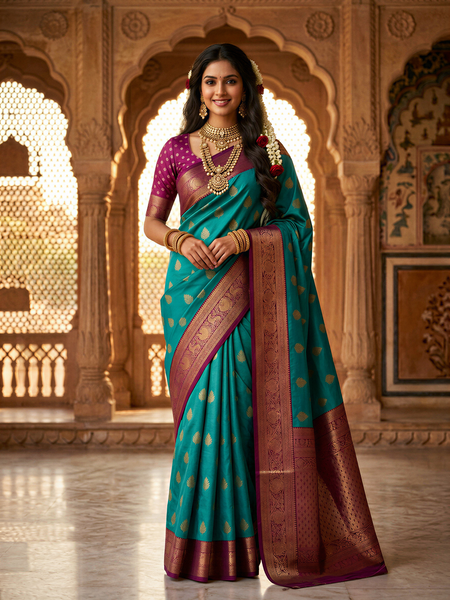 Peacock Blue & Royal Purple Motifs Banarasi Silk Saree