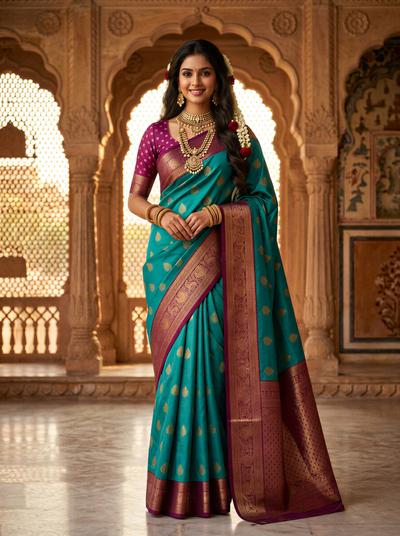 Peacock Blue & Royal Purple Motifs Banarasi Silk Saree