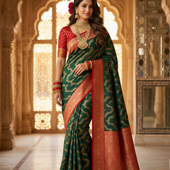 Bottle Green & Red Jaal Motifs Banarasi Silk Saree