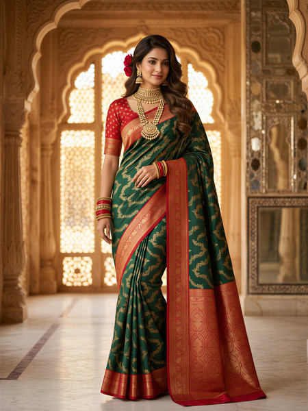 Bottle Green & Red Jaal Motifs Banarasi Silk Saree