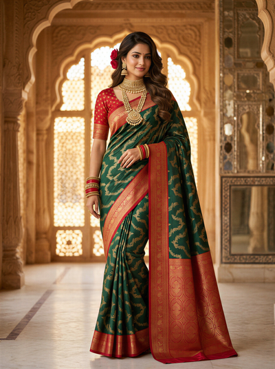 Bottle Green & Red Jaal Motifs Banarasi Silk Saree