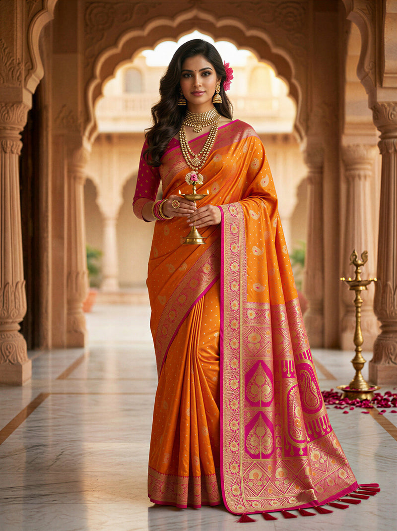 Radiant Mango Orange Art Silk Banarasi Saree with Pink Contrast Border & Blouse Piece