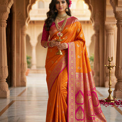 Radiant Mango Orange Art Silk Banarasi Saree with Pink Contrast Border & Blouse Piece
