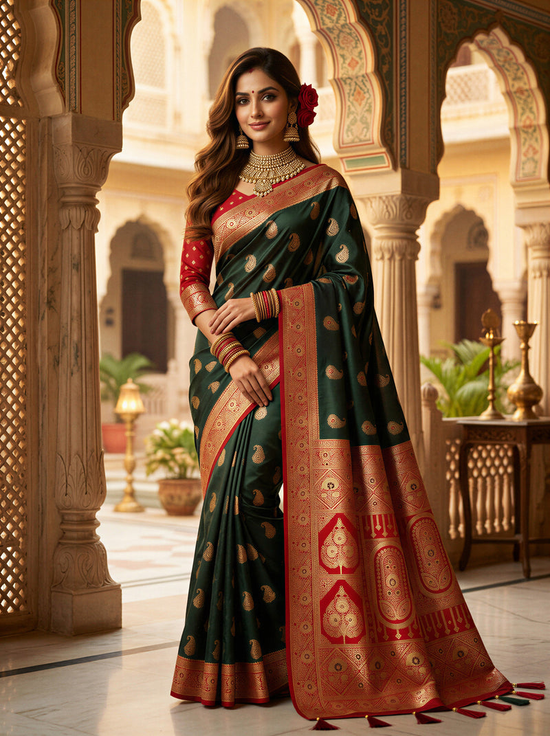 Majestic Bottle Green Art Silk Banarasi Saree with Crimson Red Contrast Border & Blouse Piece