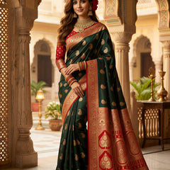 Majestic Bottle Green Art Silk Banarasi Saree with Crimson Red Contrast Border & Blouse Piece