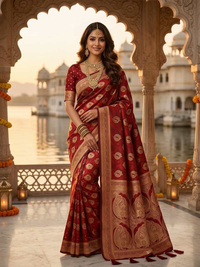 Bridal Red Banarasi Silk Saree with Golden Paisley Zari Work, Rich Woven Border & Traditional Designer Pallu for Women