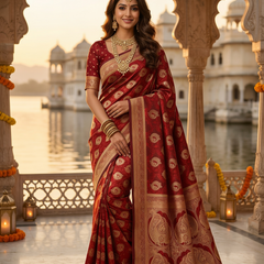 Bridal Red Banarasi Silk Saree with Golden Paisley Zari Work, Rich Woven Border & Traditional Designer Pallu for Women