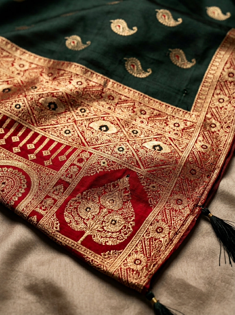 Majestic Bottle Green Art Silk Banarasi Saree with Crimson Red Contrast Border & Blouse Piece