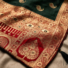 Majestic Bottle Green Art Silk Banarasi Saree with Crimson Red Contrast Border & Blouse Piece
