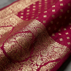 Rani Pink Banarasi Silk Saree with Golden Zari Butti Work, Rich Woven Border & Designer Pallu for Women