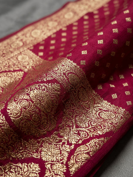 Rani Pink Banarasi Silk Saree with Golden Zari Butti Work, Rich Woven Border & Designer Pallu for Women