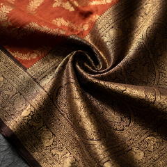 Rust Orange Art Silk Banarasi Saree with Deep Brown Contrast Border & Blouse Piece