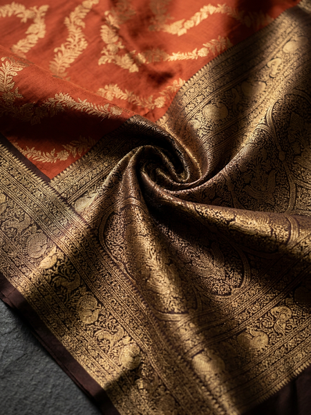 Rust Orange Art Silk Banarasi Saree with Deep Brown Contrast Border & Blouse Piece