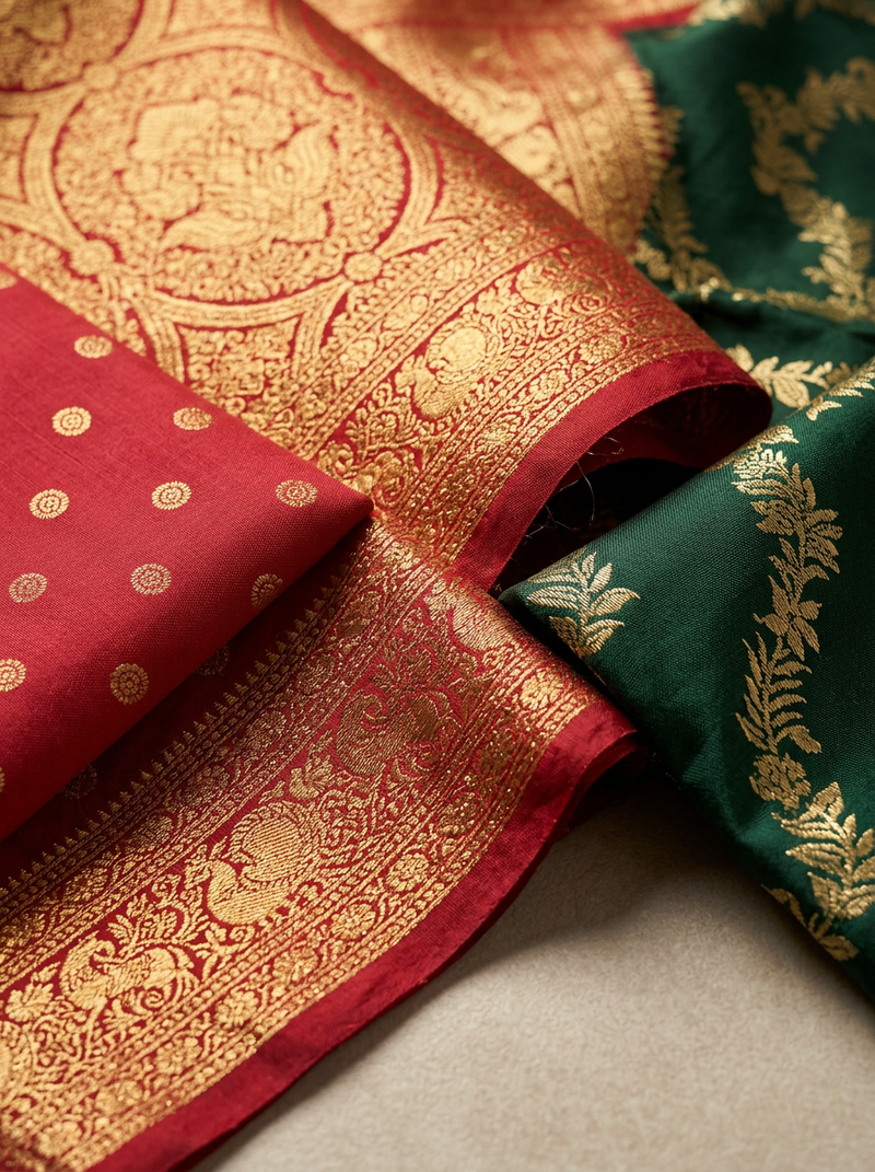 Bottle Green & Red Jaal Motifs Banarasi Silk Saree