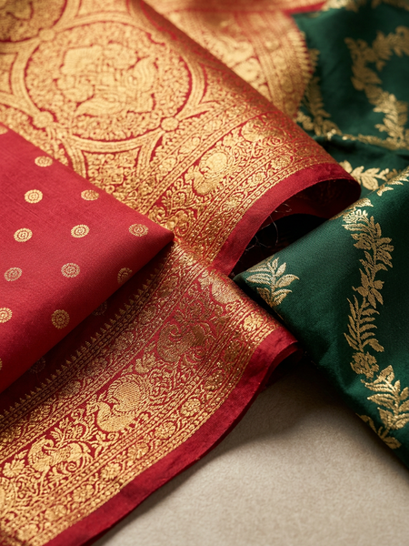 Bottle Green & Red Jaal Motifs Banarasi Silk Saree