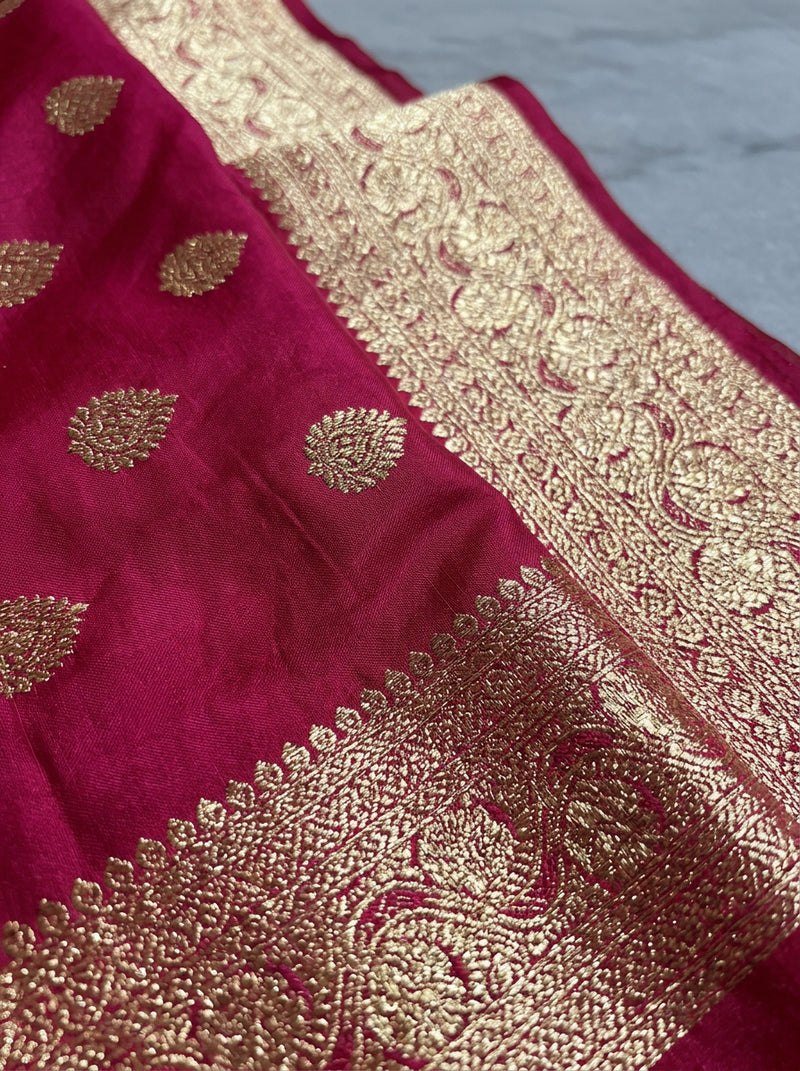 Rani Pink Banarasi Silk Saree with Golden Zari Butti Work, Broad Woven Border & Rich Designer Pallu for Women