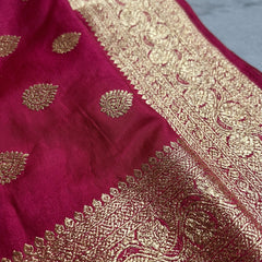 Rani Pink Banarasi Silk Saree with Golden Zari Butti Work, Broad Woven Border & Rich Designer Pallu for Women