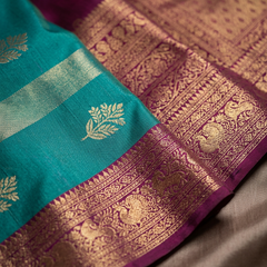 Peacock Blue & Royal Purple Motifs Banarasi Silk Saree