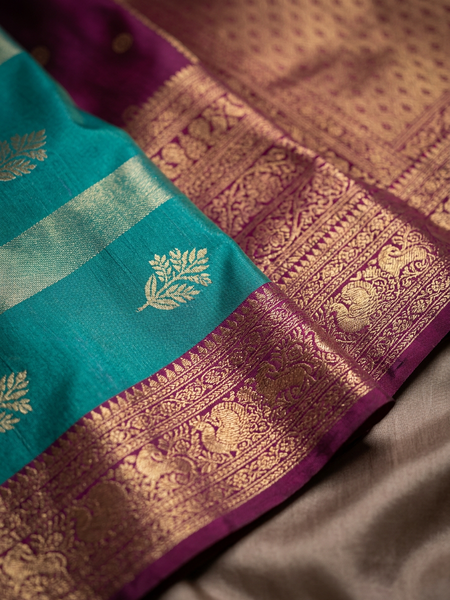 Peacock Blue & Royal Purple Motifs Banarasi Silk Saree