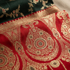 Majestic Bottle Green Banarasi Silk Saree with Crimson Red Contrast Border & Blouse Piece