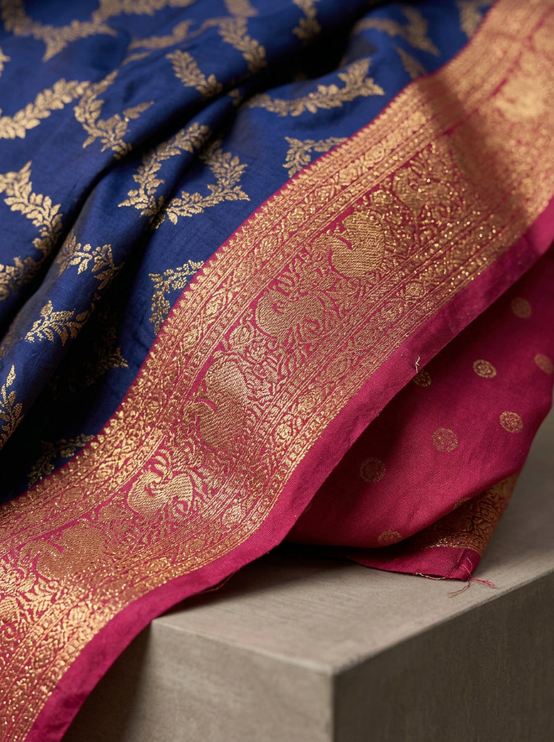 Royal Blue Art Silk Banarasi Saree with Magenta Pink Contrast Border & Blouse Piece