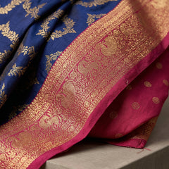 Royal Blue Art Silk Banarasi Saree with Magenta Pink Contrast Border & Blouse Piece