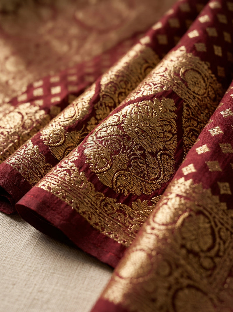 Maroon Banarasi Silk Saree with Golden Zari Butti Work, Traditional Woven Border & Rich Pallu for Women