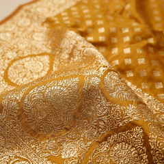 Mustard Yellow Banarasi Silk Saree with Golden Zari Butti Work, Woven Border & Rich Designer Pallu for Women