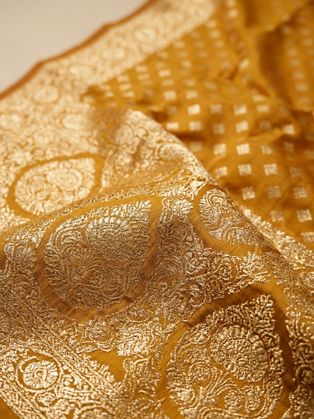 Mustard Yellow Banarasi Silk Saree with Golden Zari Butti Work, Woven Border & Rich Designer Pallu for Women