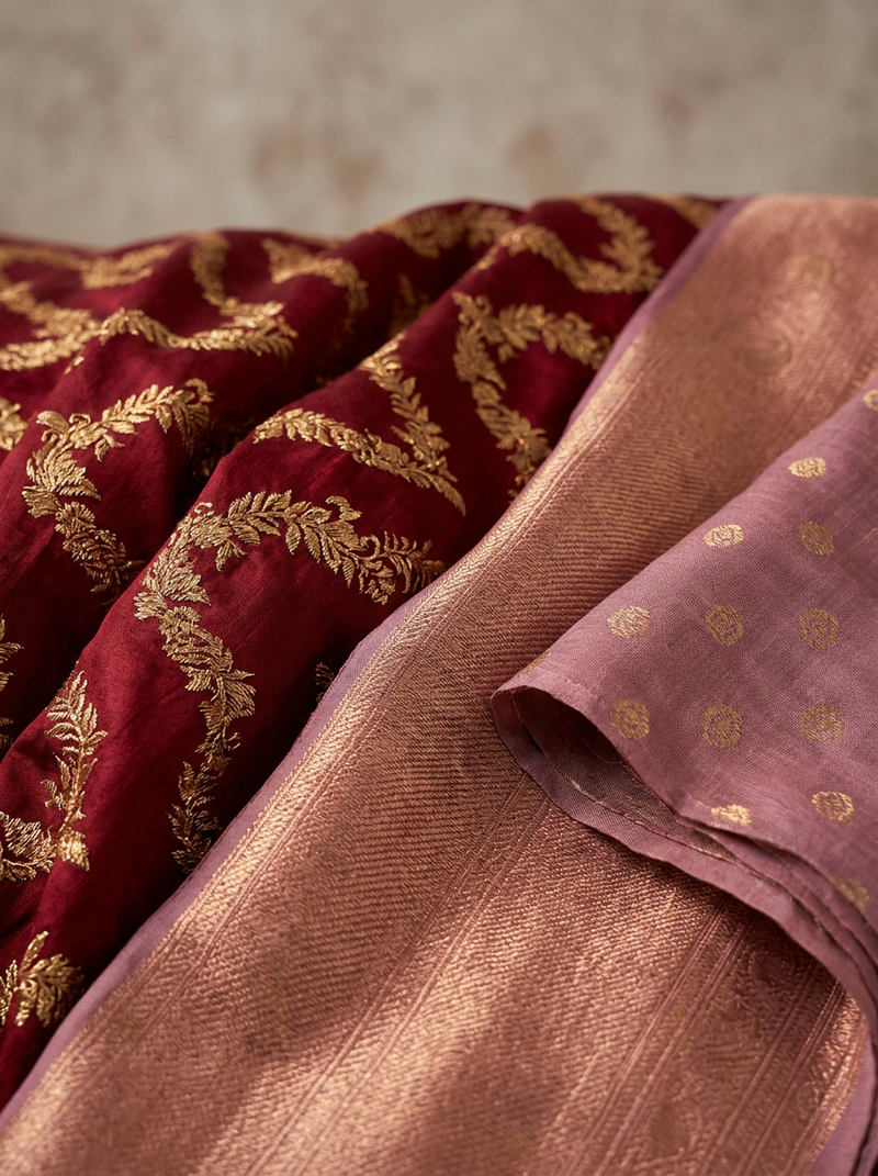 Maroon Red Art Silk Banarasi Saree with Dusty Lavender-Pink Contrast Pallu & Blouse Piece