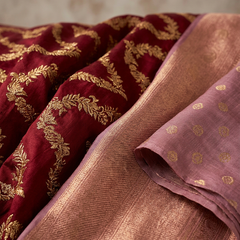 Maroon Red Art Silk Banarasi Saree with Dusty Lavender-Pink Contrast Pallu & Blouse Piece
