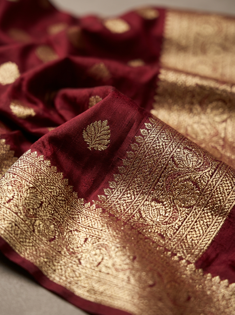 Maroon Banarasi Silk Saree with Golden Zari Butti Work, Traditional Woven Border & Rich Pallu for Women