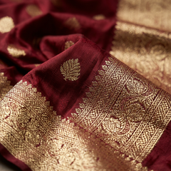 Maroon Banarasi Silk Saree with Golden Zari Butti Work, Traditional Woven Border & Rich Pallu for Women