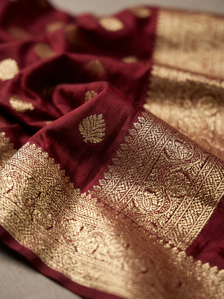 Maroon Banarasi Silk Saree with Golden Zari Butti Work, Traditional Woven Border & Rich Pallu for Women